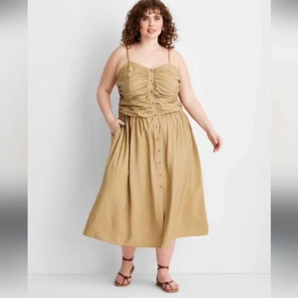 Target Tan Ruched Spaghetti Strap Maxi Dress - Picture 1 of 10